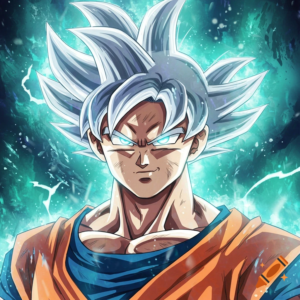 Close-up anime illustration of Ultra Instinct Goku with white spiky hair and glowing blue eyes against a teal energy background.