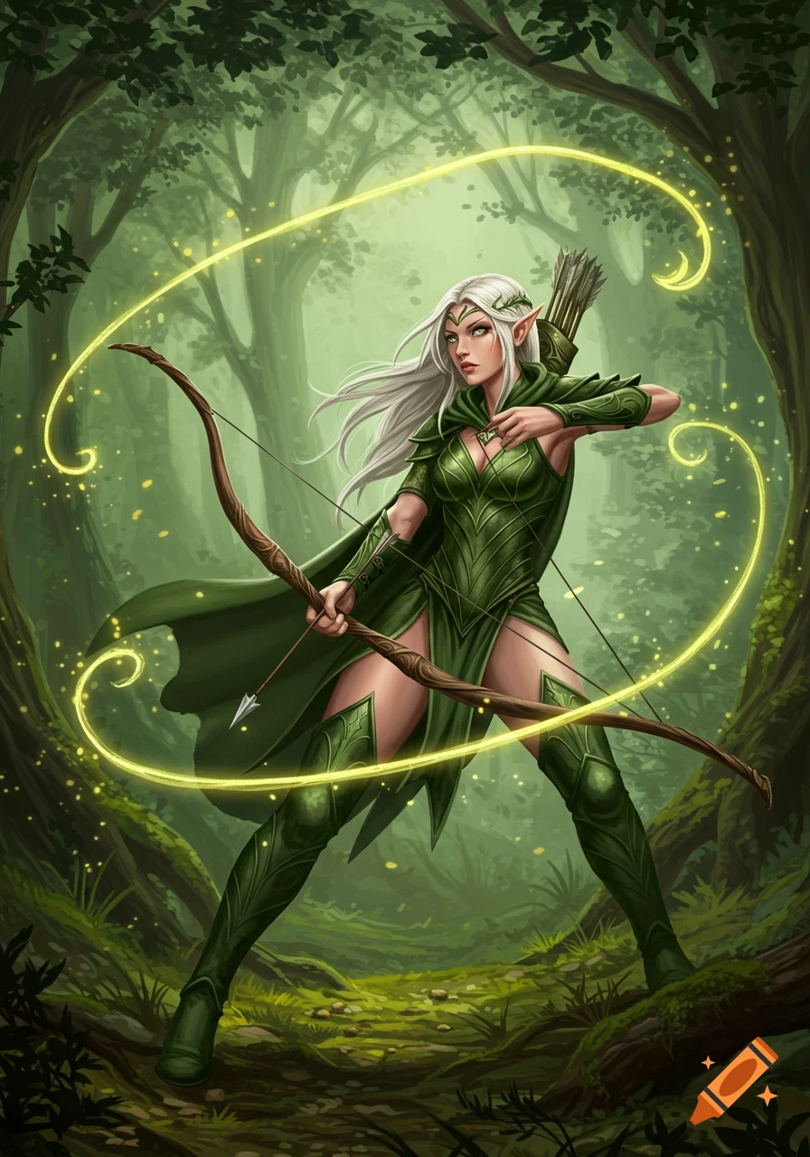 A female elf archer with white hair in green armor stands in a magical forest, holding a bow with glowing tendrils.