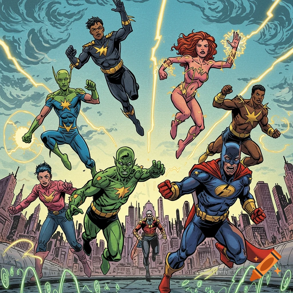 Multiple diverse comic book superheroes with lightning and star emblems fly and run over a cityscape in a classic comic art style.
