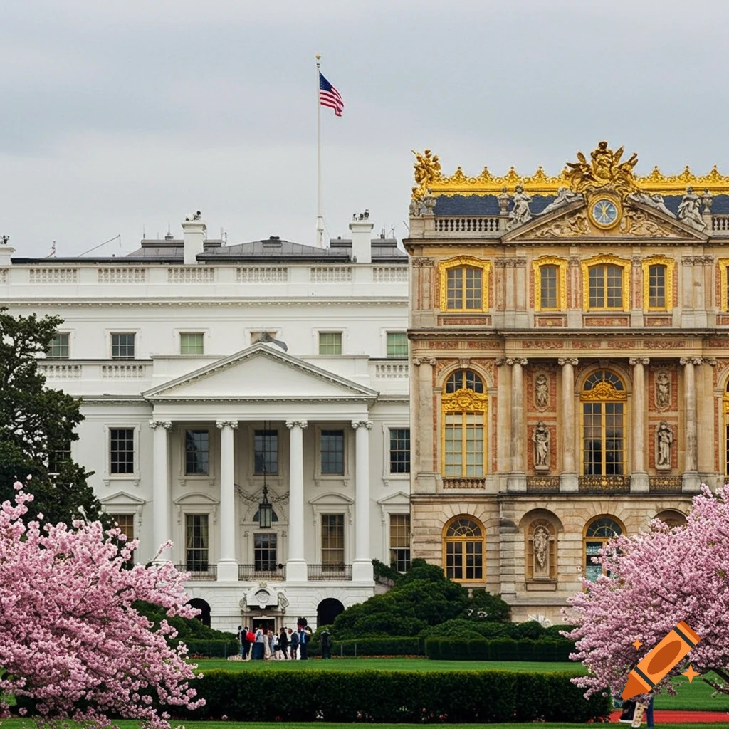 Photorealistic image showing the White House combined with the Palace of Versailles, surrounded by blooming cherry trees.