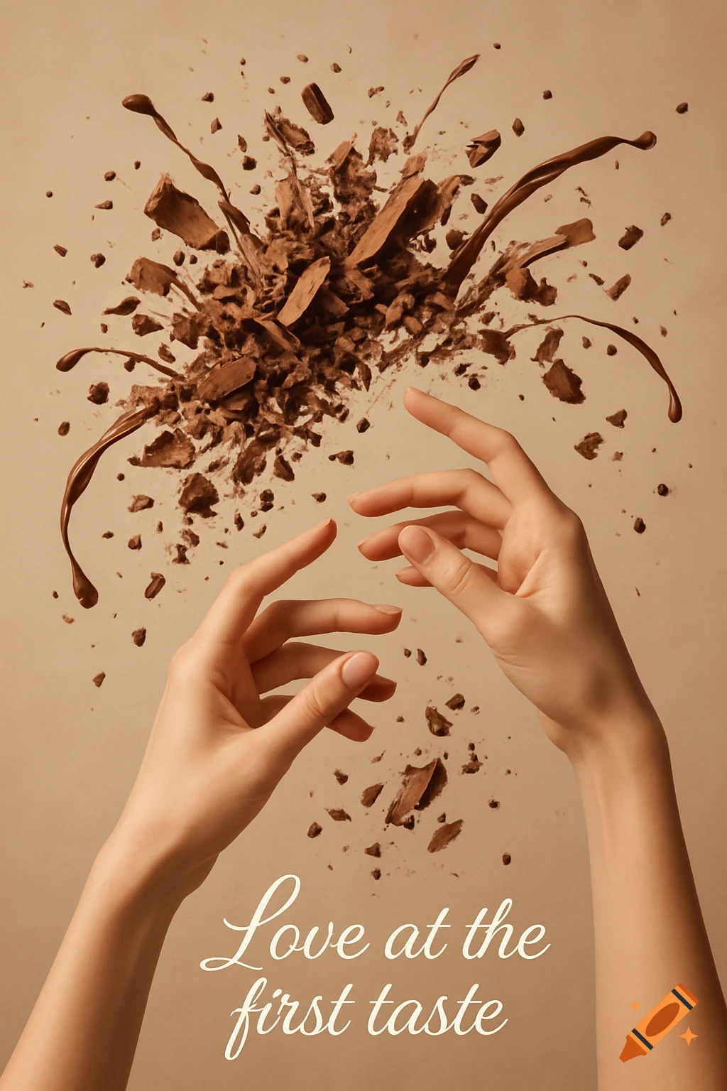 Two hands reaching towards an explosion of chocolate shards and liquid chocolate on a light brown background with text 'Love at the first taste'.