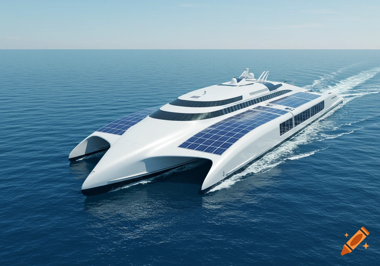 A sleek, white, futuristic catamaran with solar panels cruises on a calm blue ocean, leaving a white wake behind it.