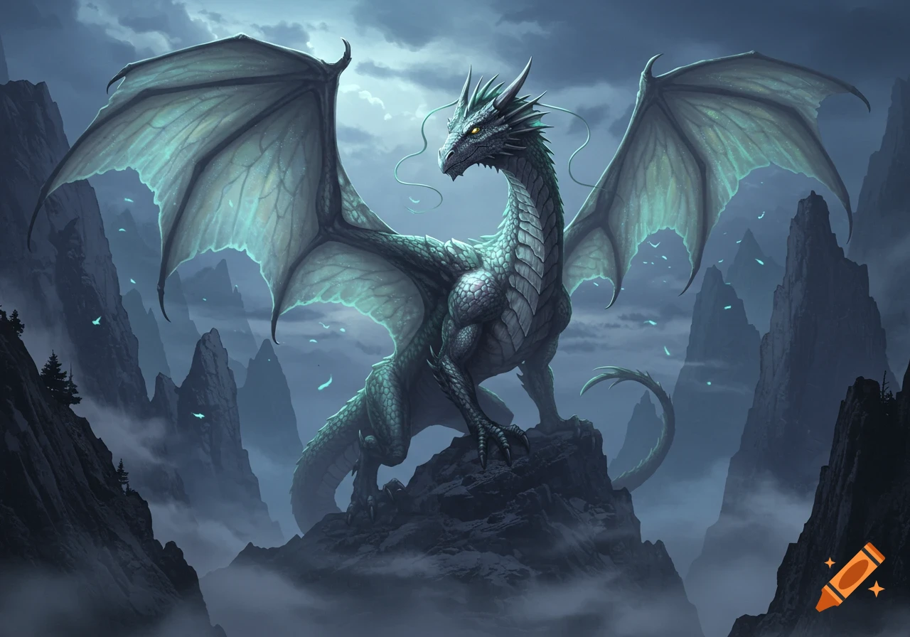 A majestic green dragon with large wings perched on a rocky peak in a ...