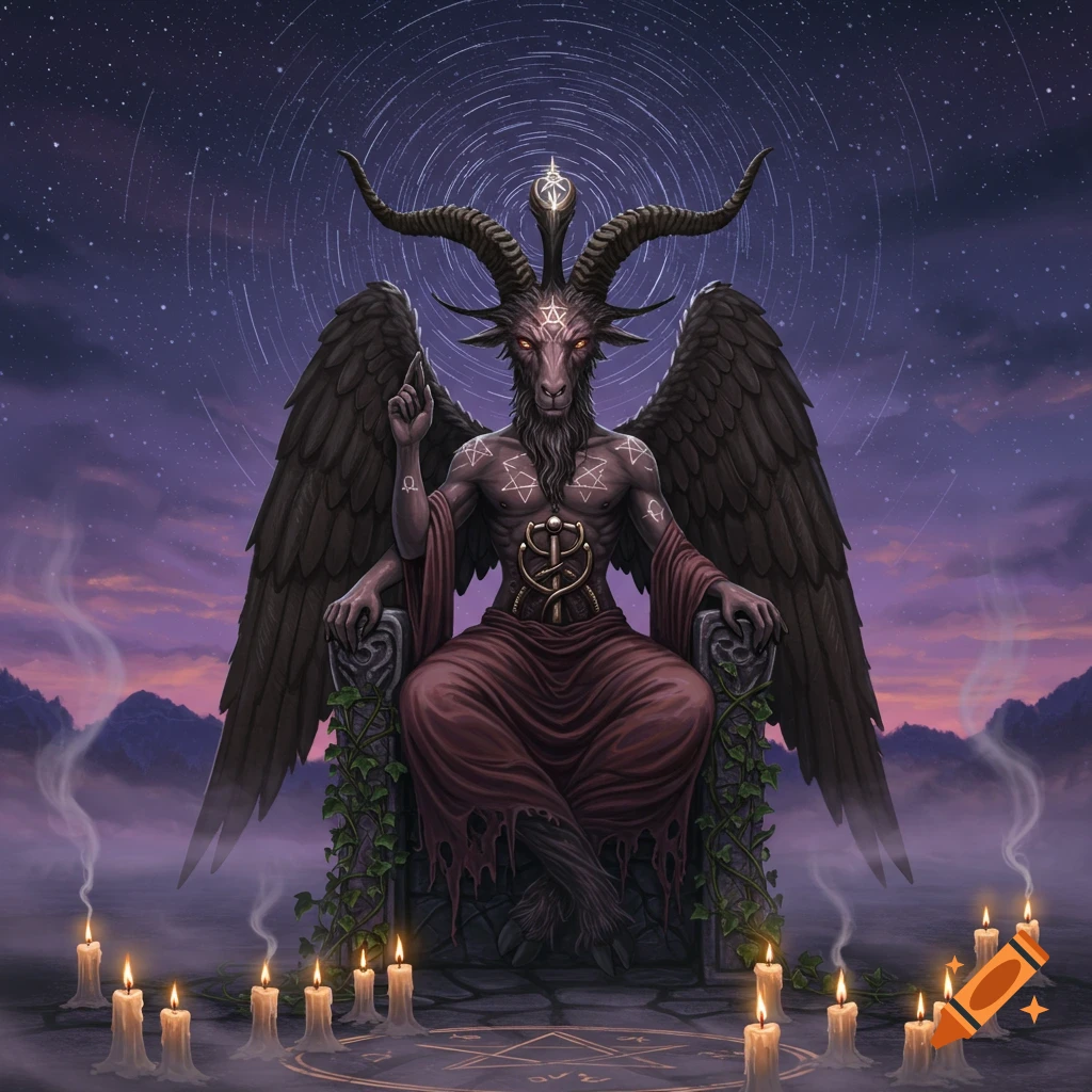 Detailed dark fantasy illustration of Baphomet, a horned, winged, goat-headed figure, seated on a stone throne under a starry night sky. Candles and a pentagram symbol are on the ground.