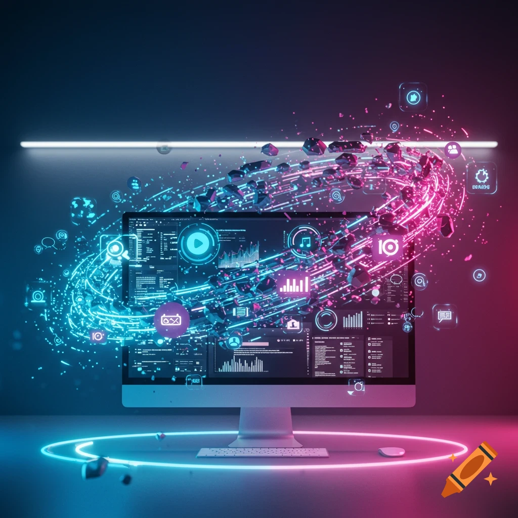 A computer monitor shows data, surrounded by neon pink and blue digital particles and icons, against a dark background, representing digital marketing.