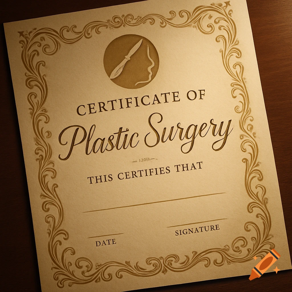 A formal 'Certificate of Plastic Surgery' with an ornate gold border and a medical emblem.