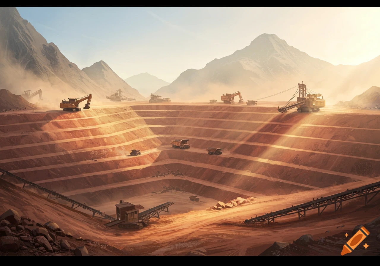 Open-pit mine with terraced levels, heavy excavators, dump trucks, and conveyor belts against a mountain backdrop at sunrise.