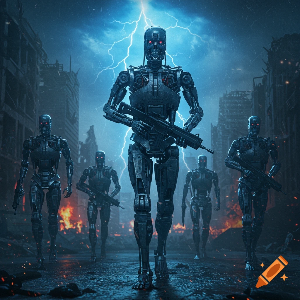Photorealistic image of armed Terminator-style robots in a destroyed city under a lightning storm.