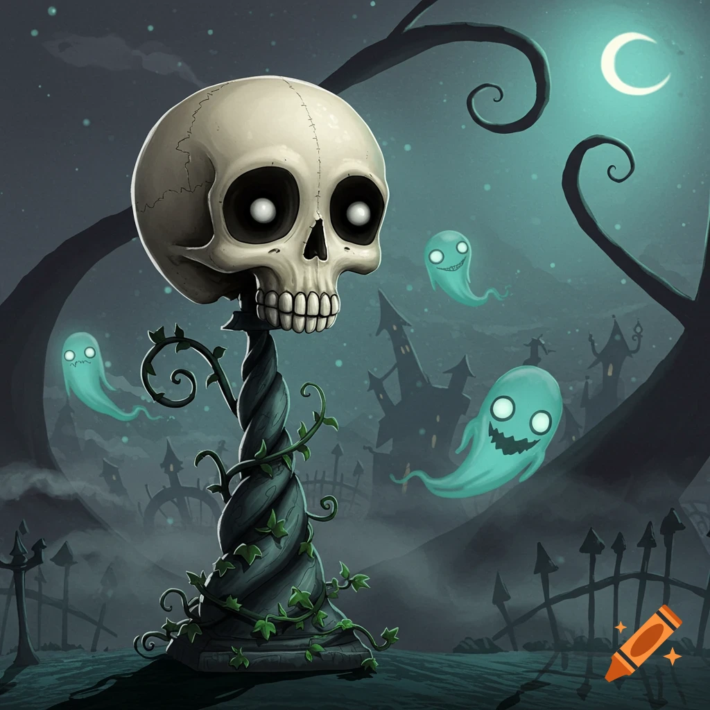A stylized skull on a twisted pedestal, with glowing ghosts in a foggy, spooky landscape under a crescent moon, in a dark, cartoonish Tim Burton style.