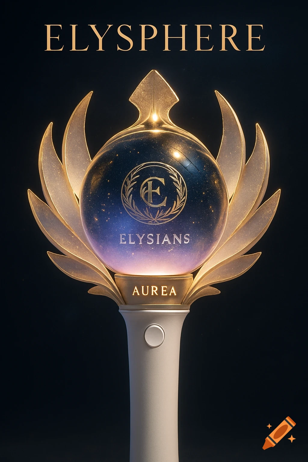 A fantasy lightstick with a glowing, starry blue and purple orb surrounded by golden wings and text 'ELYSPHERE', 'ELYSIANS', and 'AUREA'.