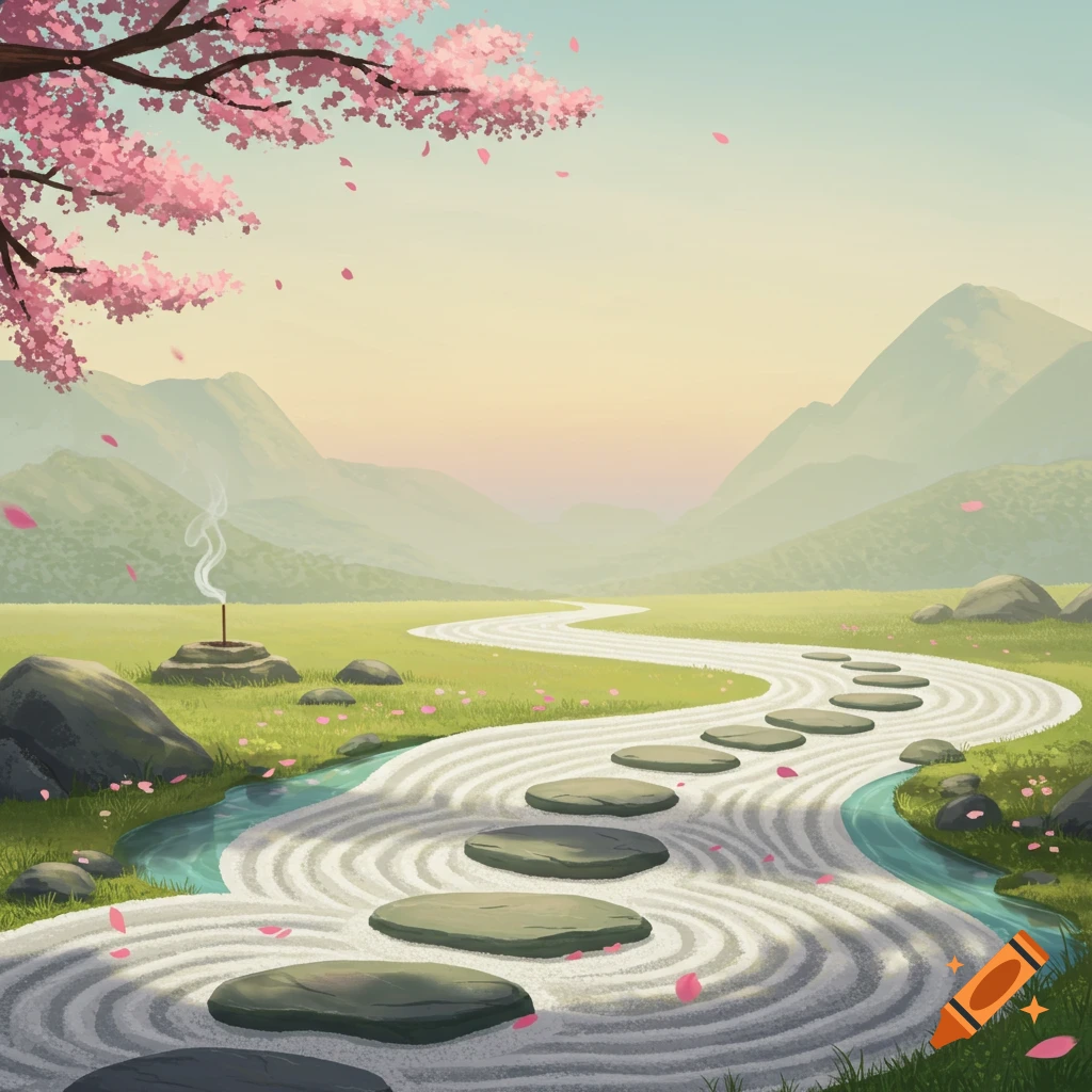 A serene Zen garden illustration featuring stepping stones on a raked sand path, cherry blossoms, and distant mountains.