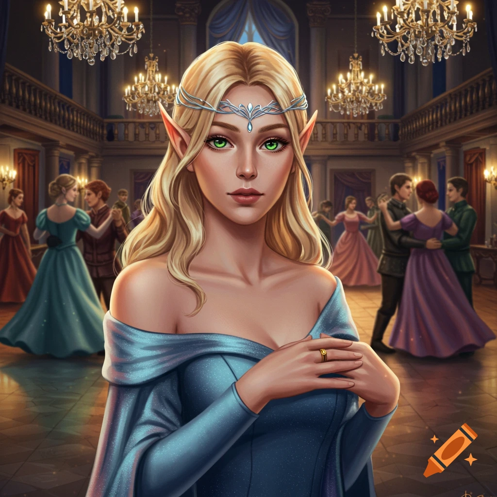 Blonde elf woman with green eyes, in a blue off-shoulder gown and silver tiara, stands in a grand ballroom with dancing couples.