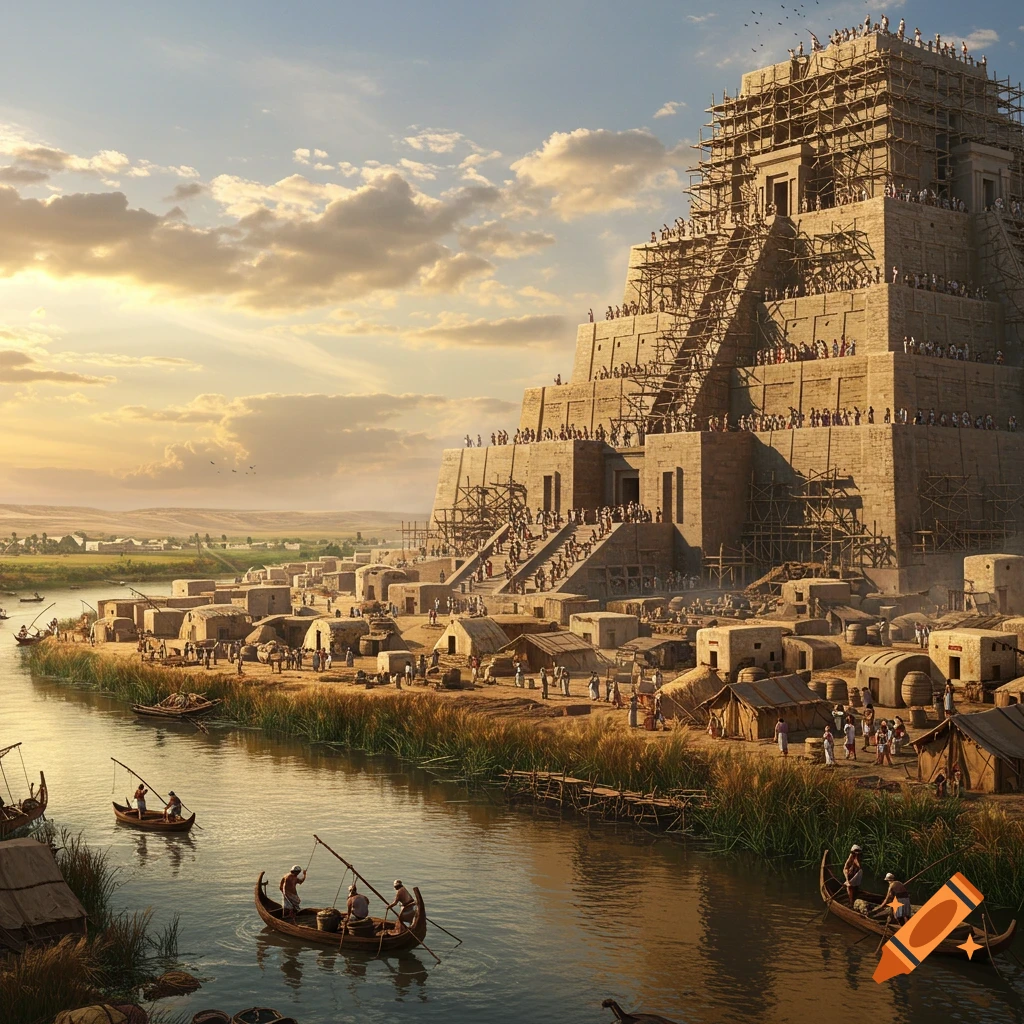 A vast ancient Mesopotamian city with a huge ziggurat under construction, bustling with people, alongside a wide river with boats at sunset.