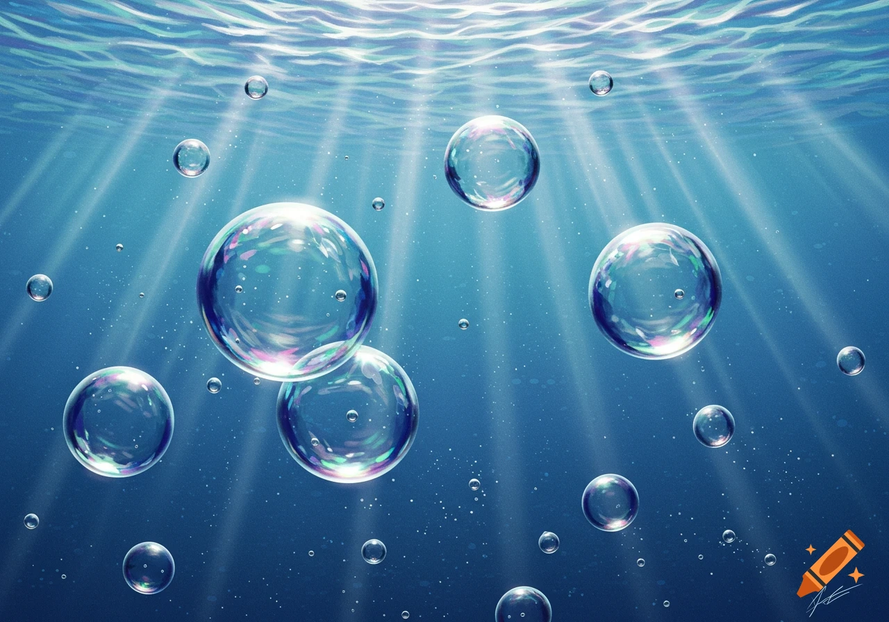 Sunlit underwater scene with numerous iridescent bubbles floating upwards in clear blue water.