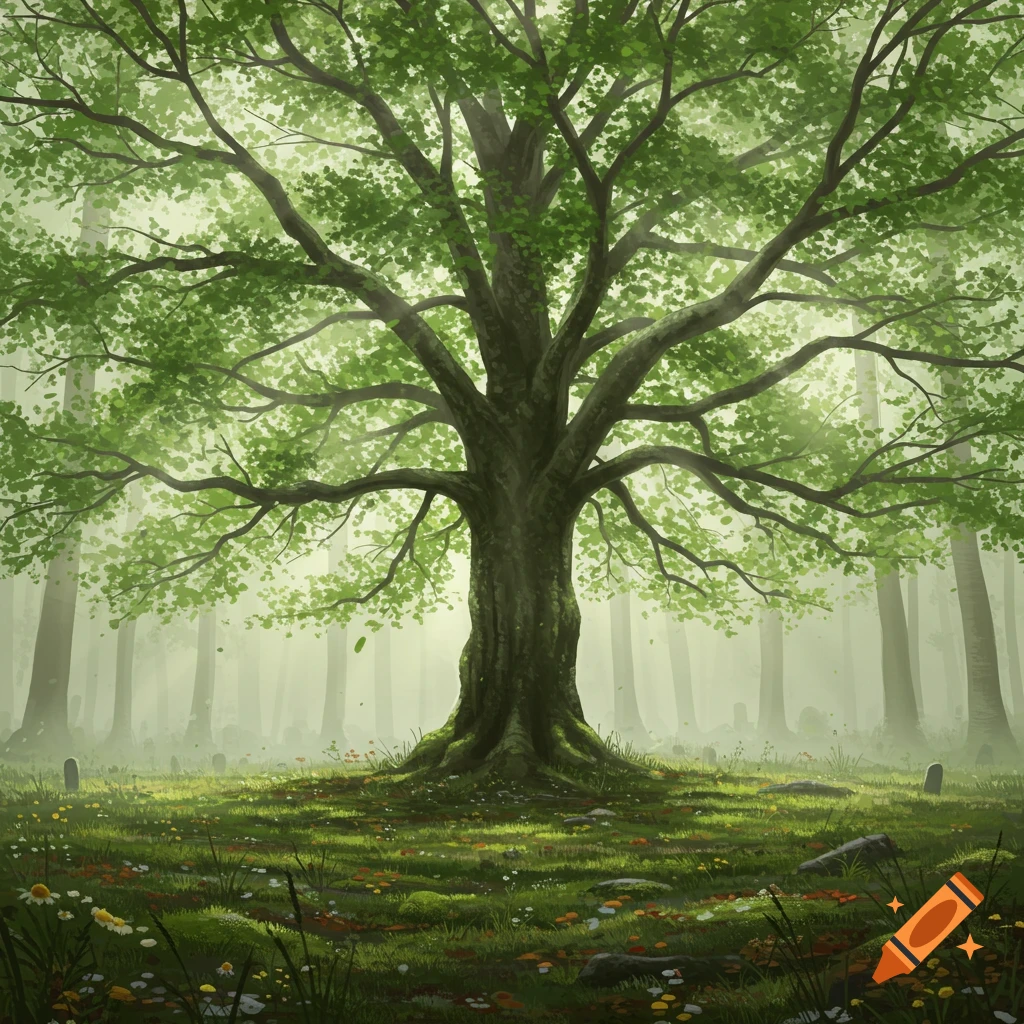 A large, vibrant green tree in a misty, painterly forest with a mossy floor, wildflowers, and subtle grave markers.