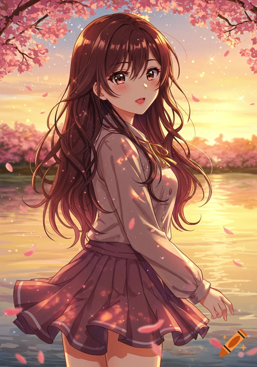 Brunette anime girl smiling shyly in a school uniform, standing in a lake with falling cherry blossoms at golden sunset.