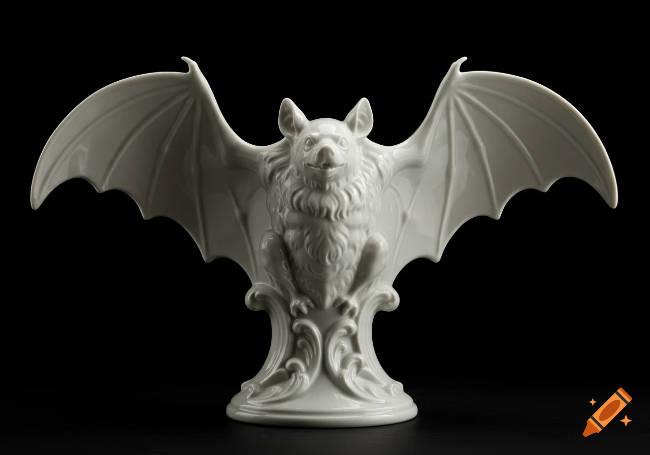 Hyperrealistic photograph of a baroque white porcelain vase in the shape of a bat on a black background.