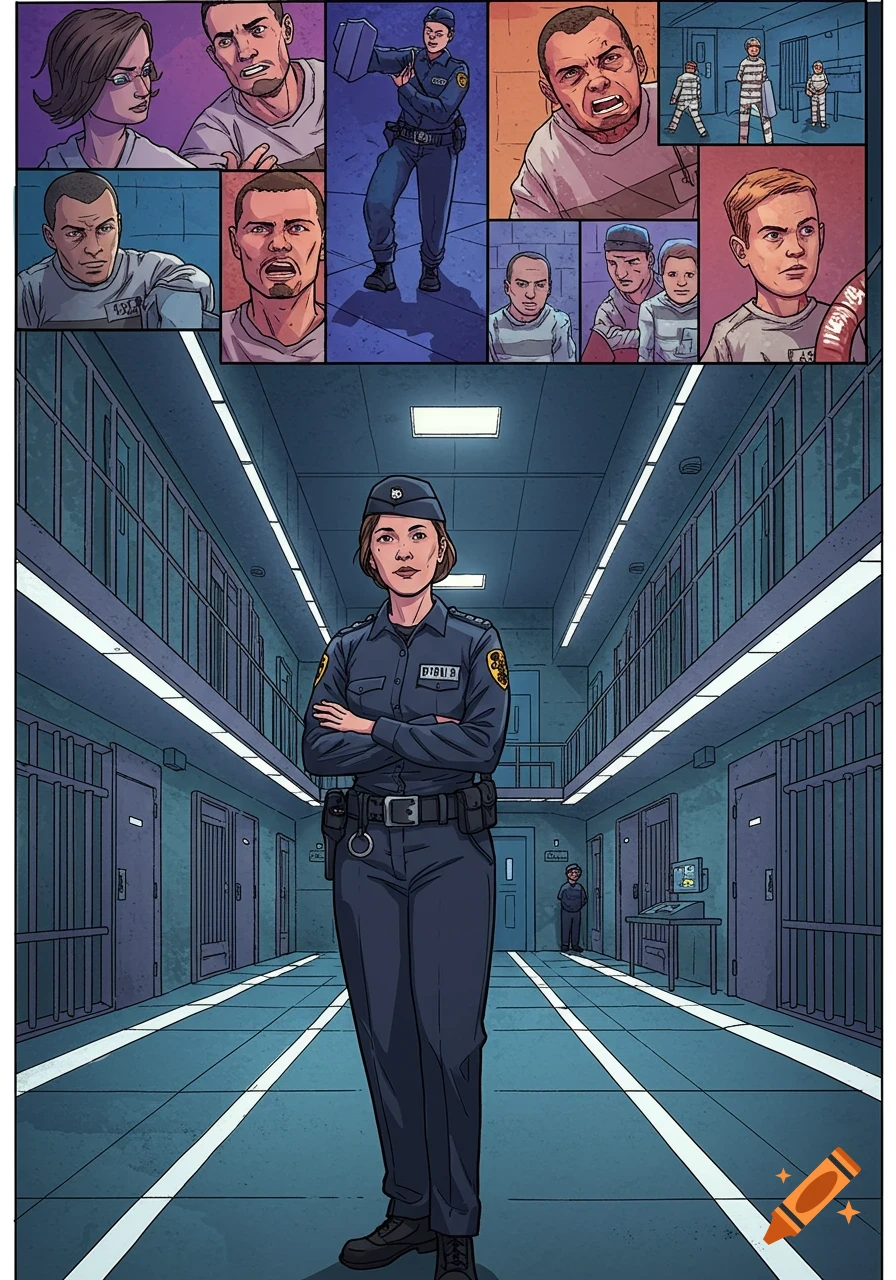 A comic-style image featuring a female corrections officer standing in a prison hallway, with multiple smaller panels above depicting various prisoners and officers in action.
