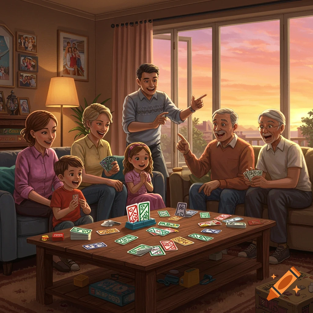A multi-generational family plays a card game at a wooden table in a cozy living room during sunset.