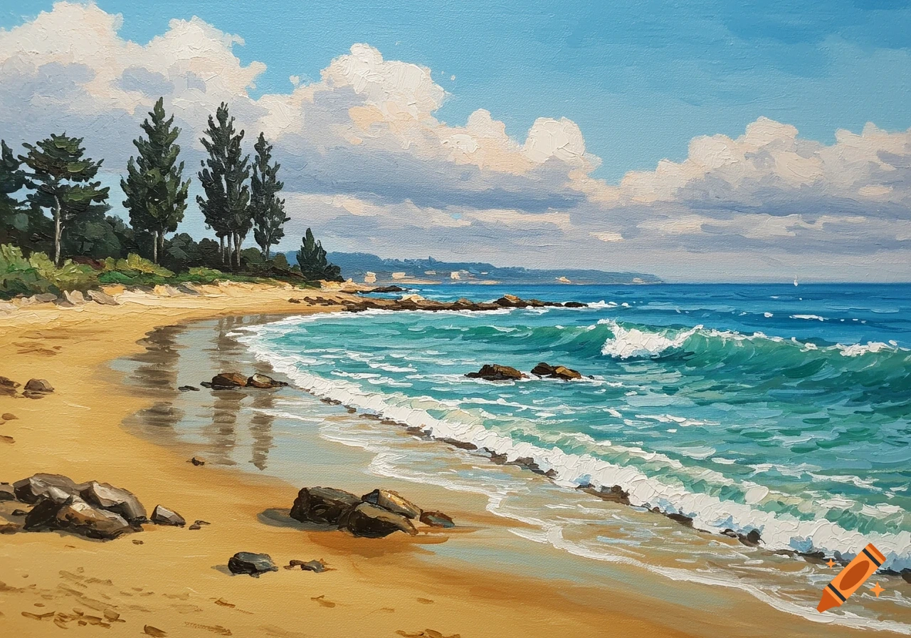 An oil painting of a tranquil beach with turquoise waves, golden sand, rocks, cypress trees, and fluffy clouds.