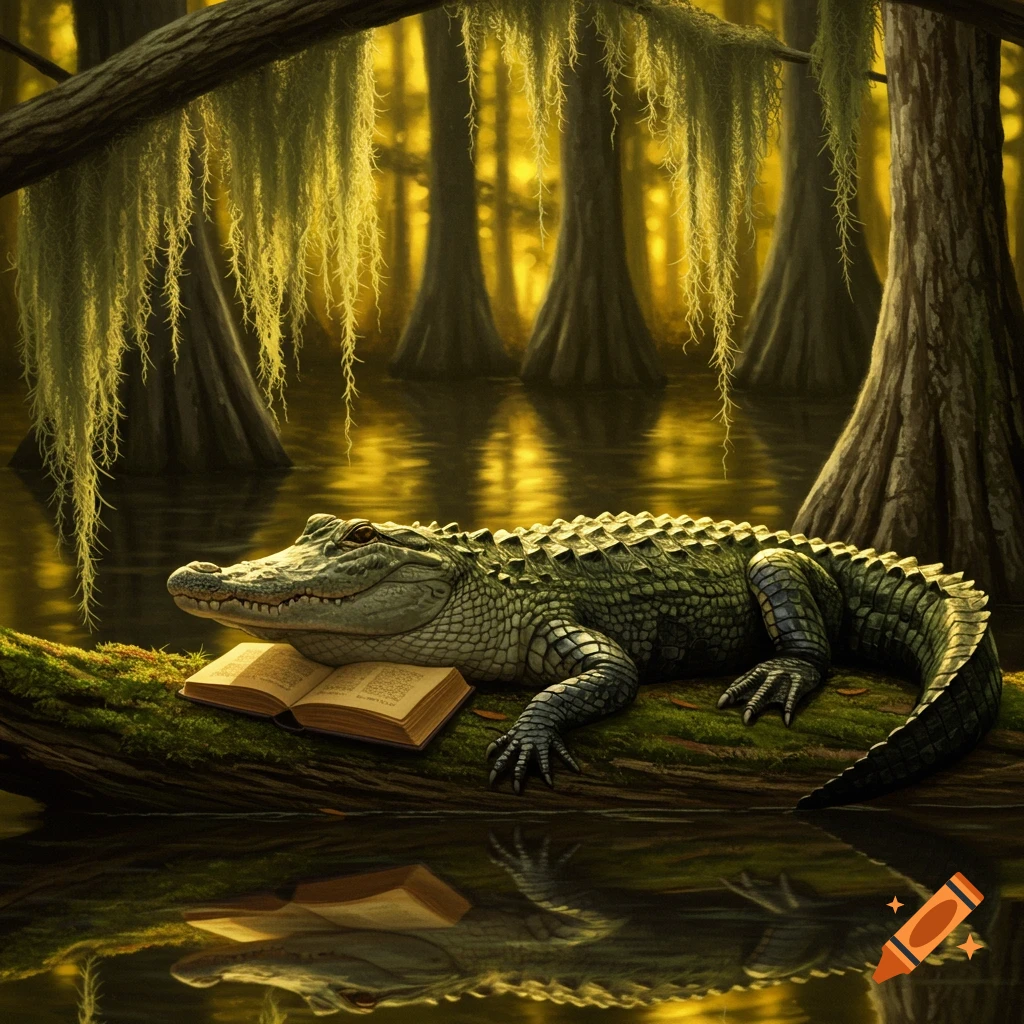 A photorealistic alligator lies on a mossy log with an open book in a golden-lit swamp with cypress trees.