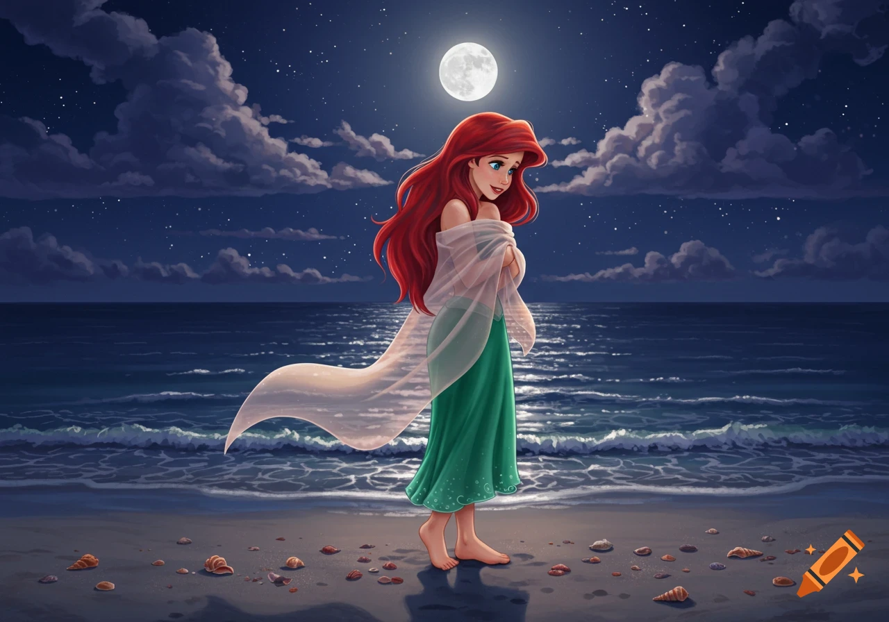 Illustrated Ariel from The Little Mermaid, with long red hair and a green dress, shivers on a moonlit beach at night, with seashells on the sand.