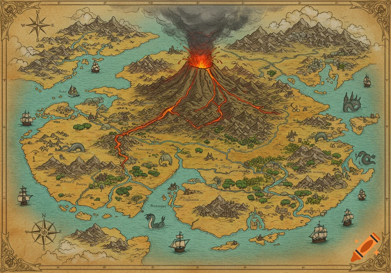 A detailed fantasy world map on aged paper, featuring an erupting volcano, mountains, rivers, ships, and sea creatures.