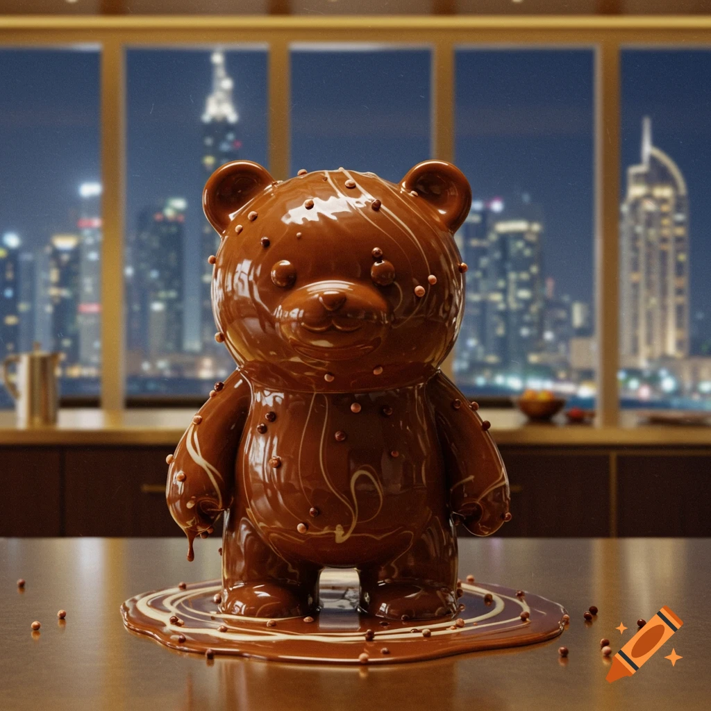 A glossy chocolate teddy bear, partially melted and drizzled with white chocolate, stands on a table with a city skyline at night behind it.