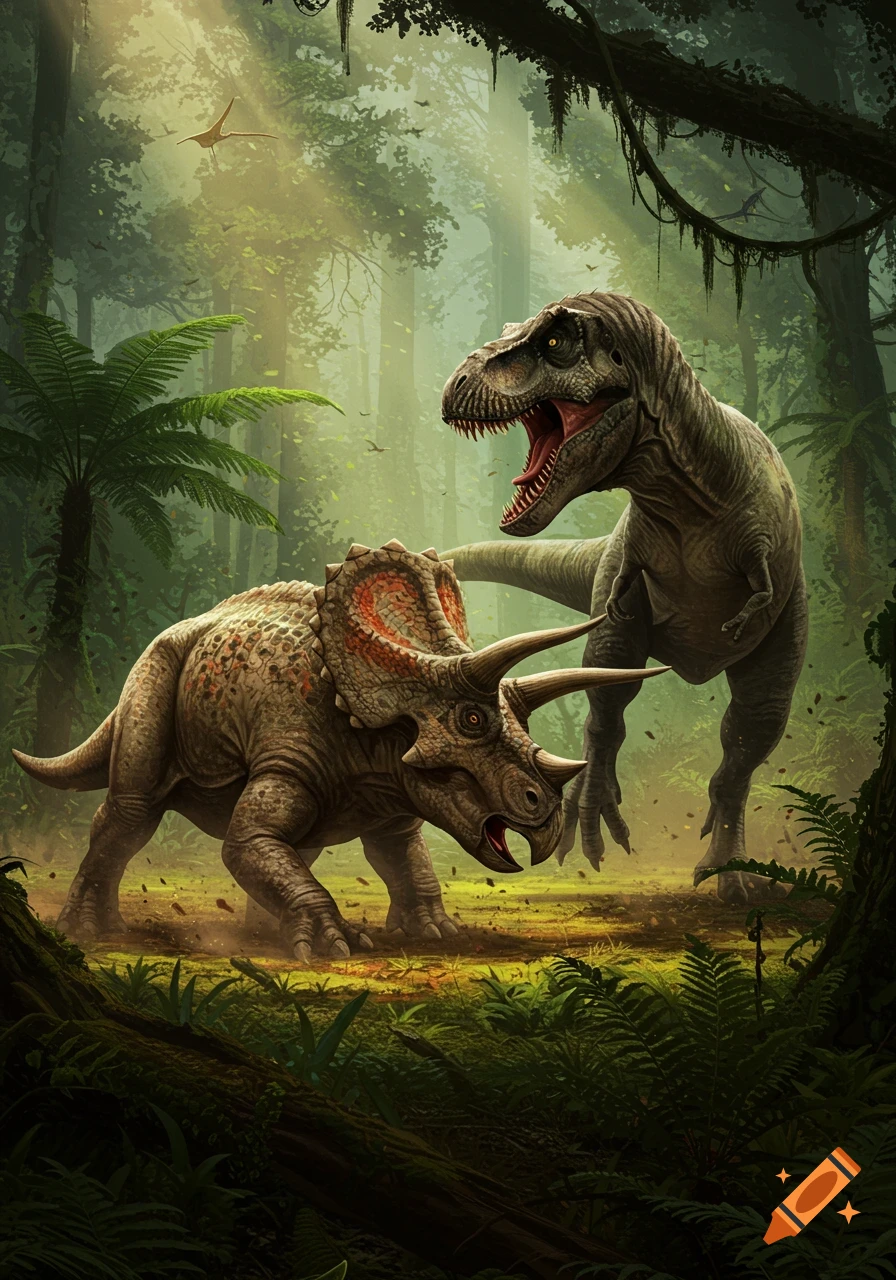 A T-Rex roars at a Triceratops in a lush, sun-dappled prehistoric jungle.