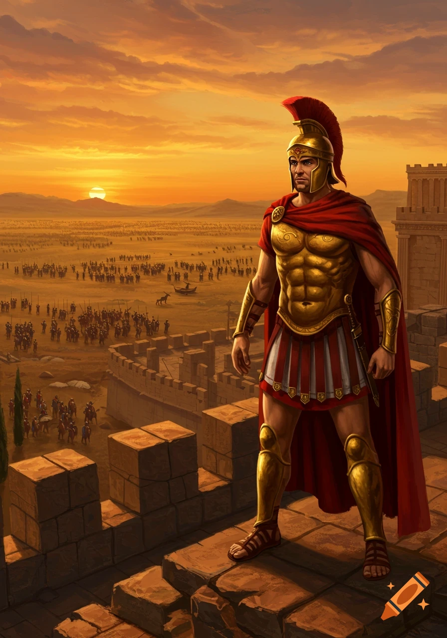 A mighty ancient Greek or Roman warrior in golden armor and red cape stands on city walls, overlooking a vast army at sunset.