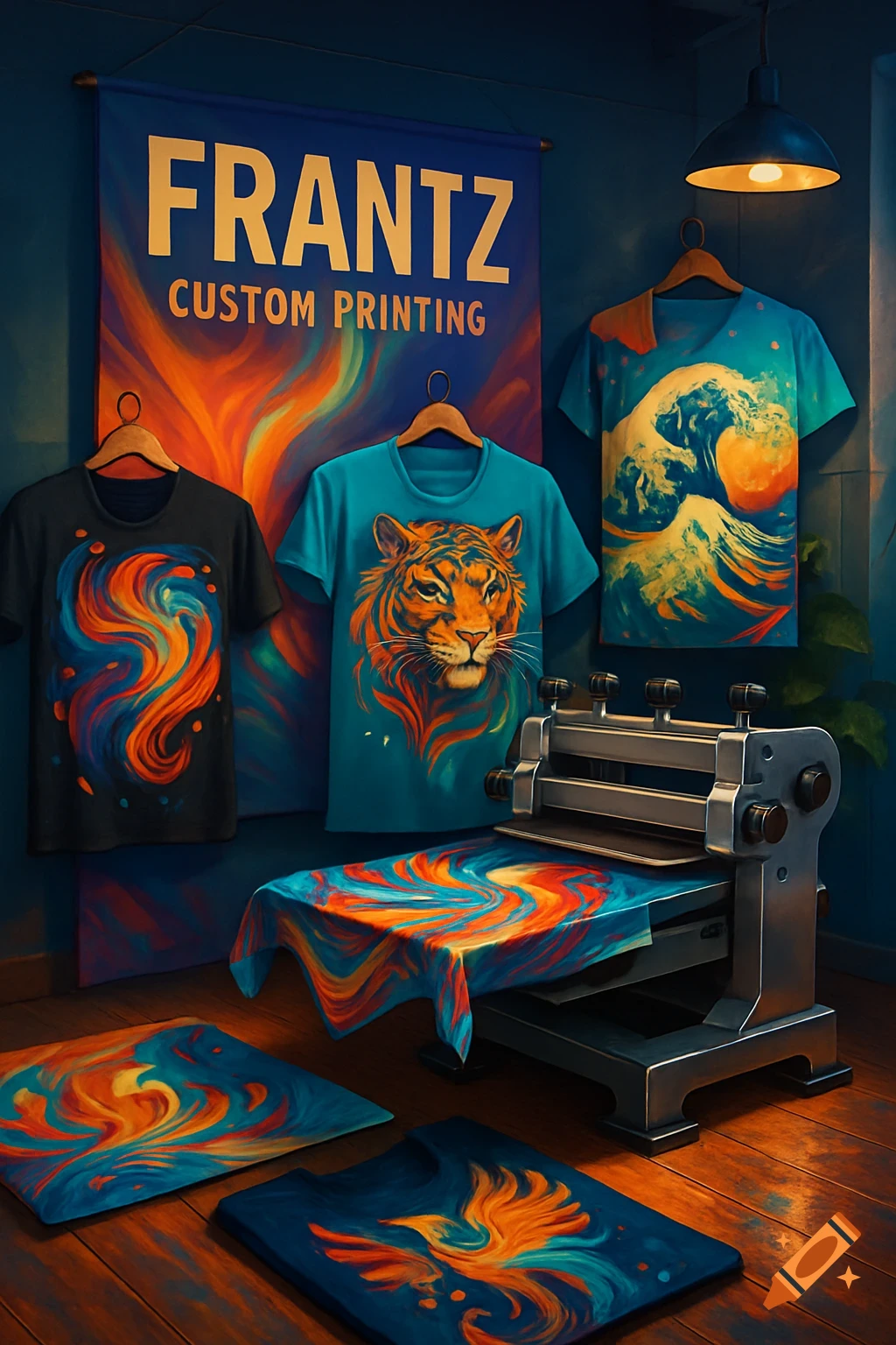 A custom printing shop with a banner displaying "FRANTZ CUSTOM PRINTING" and several colorful printed t-shirts with abstract, tiger, and wave designs, along with a printing machine.
