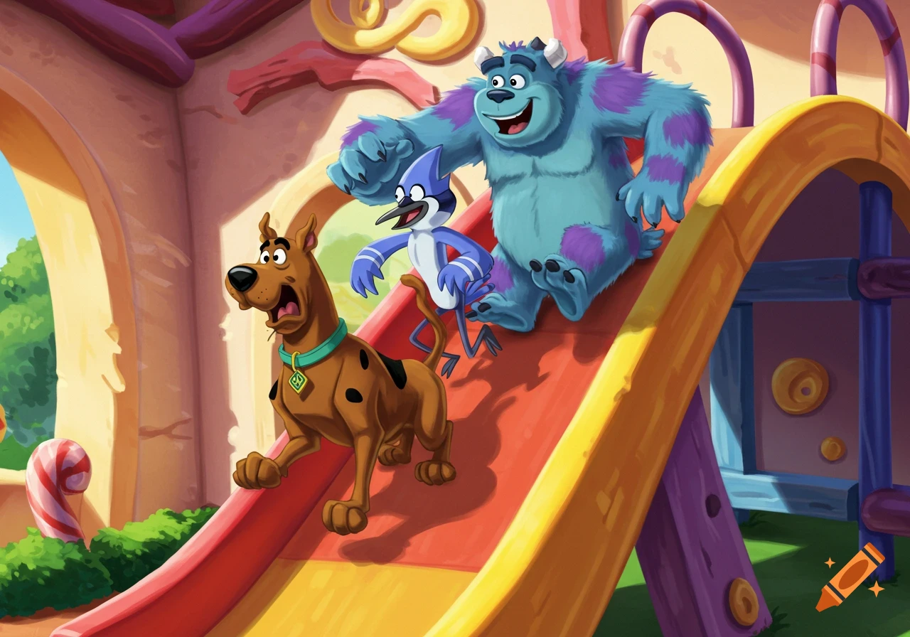 Scooby-Doo, Mordecai, and Sully sliding down a colorful playground slide in a vibrant cartoon illustration.