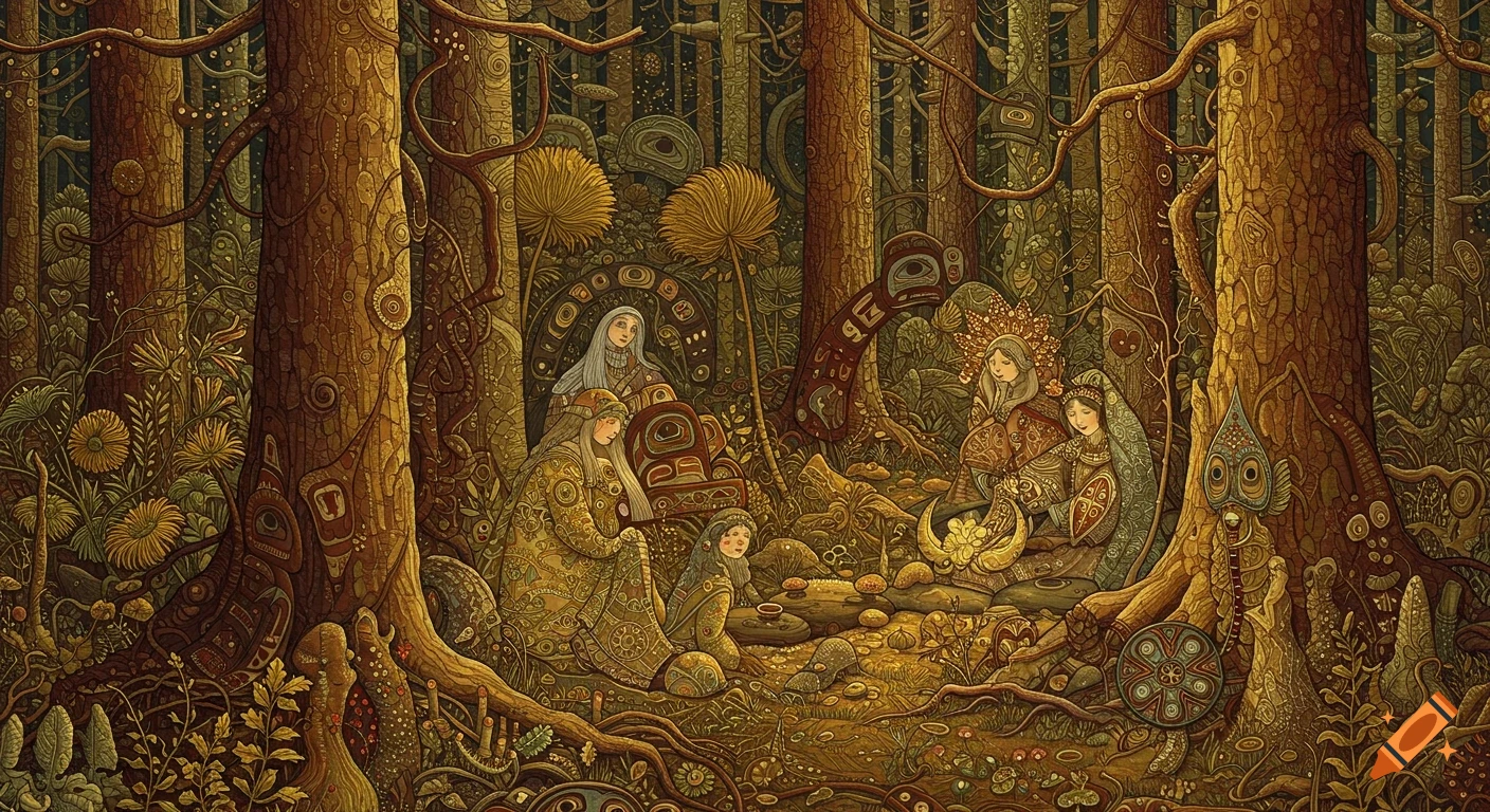 Intricate folk art of women in ornate clothing gathered in a dense, stylized forest with Russian and Salish motifs.