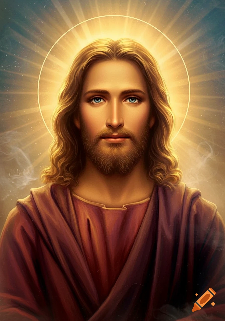 A vibrant portrait of Jesus Christ with golden hair, a beard, blue eyes, and a radiant halo against a warm, luminous background.