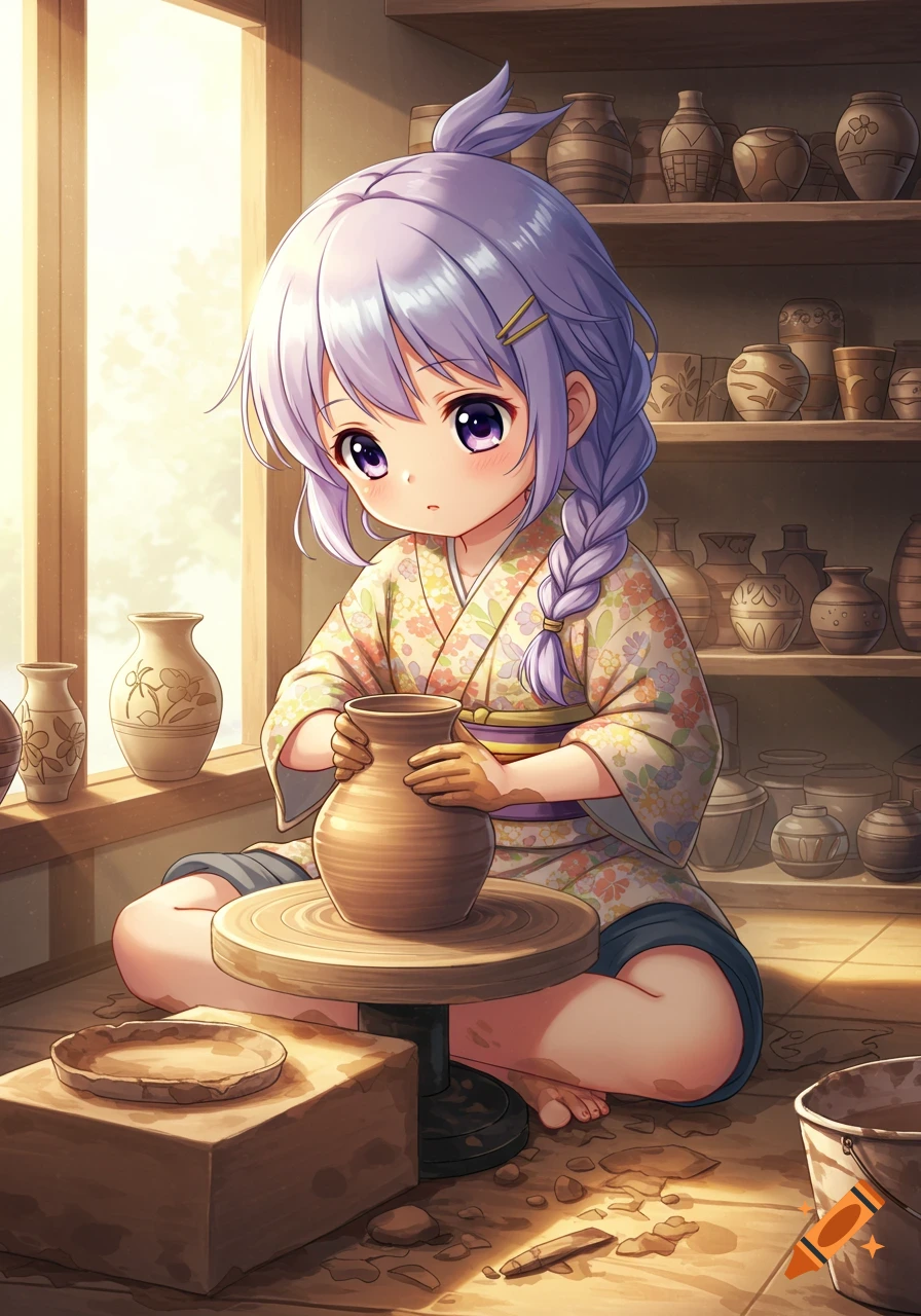 An anime girl with purple hair sits cross-legged, making pottery on a wheel in a sunlit studio, surrounded by finished pots.