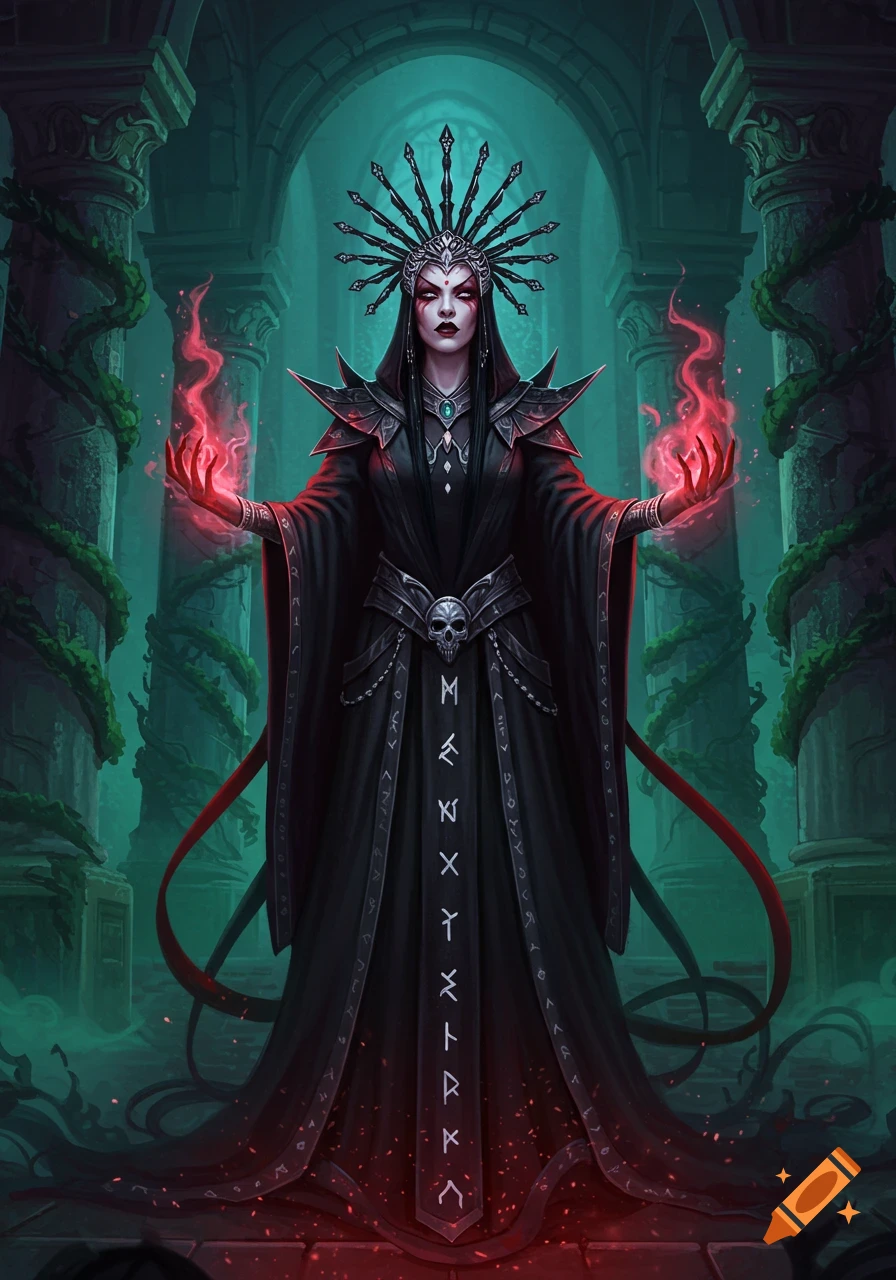 A dark fantasy priestess in a black robe with glowing red hands ...