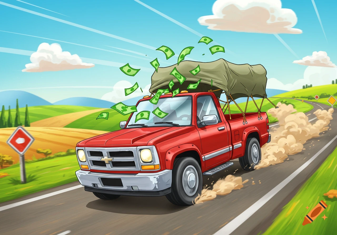 Cartoon red pickup truck driving on a country road with money flying out of its bed, surrounded by green hills under a blue sky.