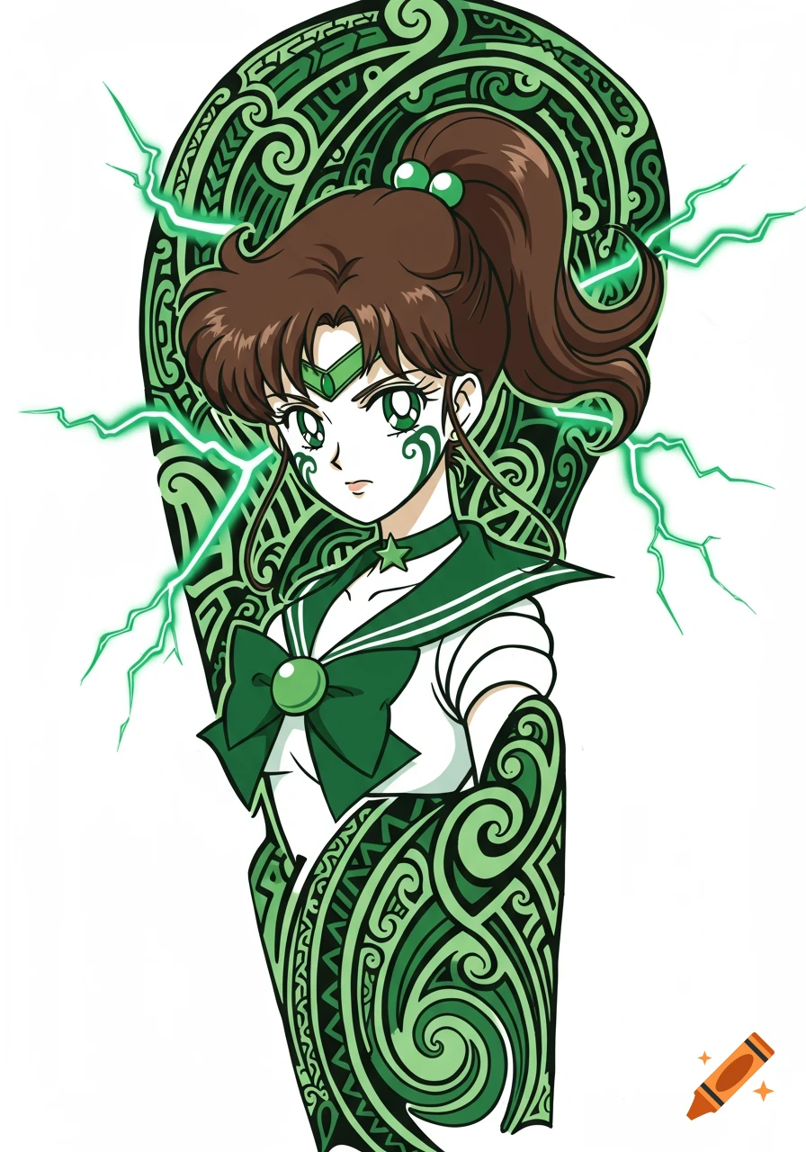 Anime character Sailor Jupiter with brown hair and a green uniform, set against a green Maori tattoo pattern with lightning bolts.