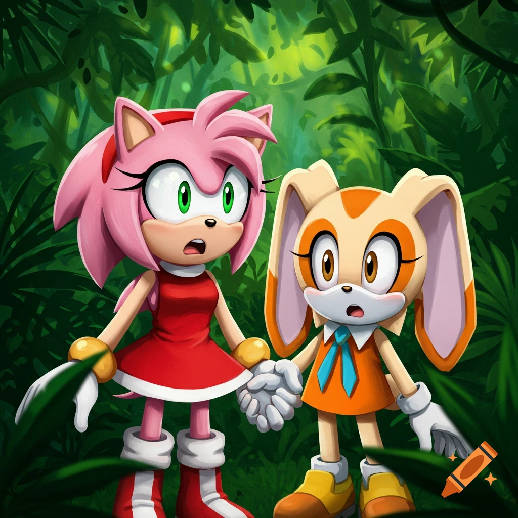 Amy Rose and Cream the Rabbit, with wide eyes and open mouths, hold ...