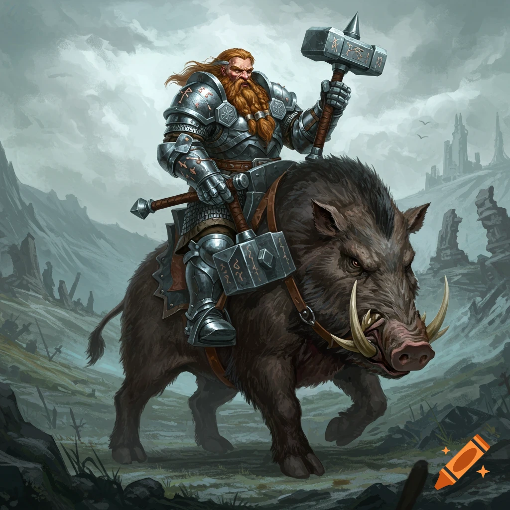 A fierce red-bearded dwarf warrior in silver armor rides a wild boar, holding two large hammers, in a fantasy landscape.