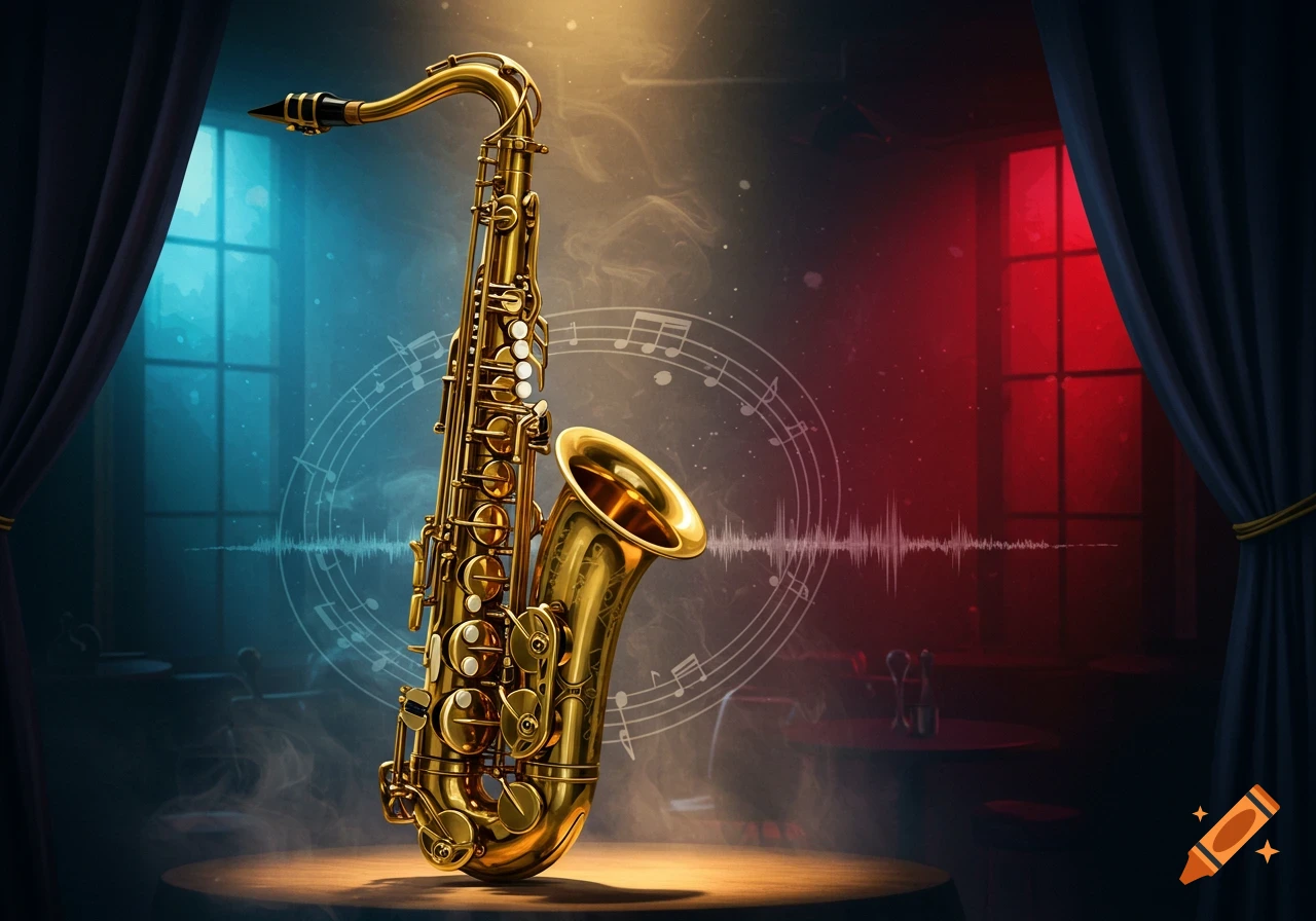 A golden saxophone stands on a spotlighted stage with a moody blue and red lit background featuring musical notes and a soundwave.