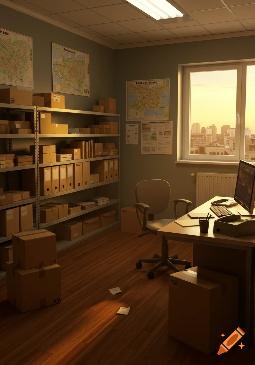An empty, warm-lit office of a courier service with shelves full of cardboard boxes, a desk with a computer, and maps on the wall, bathed in golden hour light from a large window overlooking a city skyline.