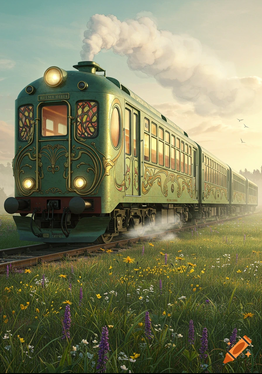 A green Art Nouveau-style train with golden embellishments travels through a vibrant wildflower meadow under a soft, cloudy sky.
