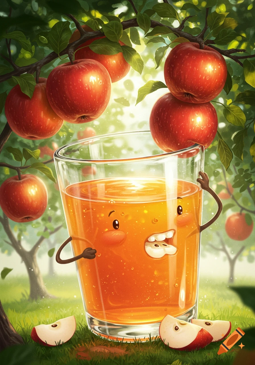 A cartoon glass of apple juice with a face and arms holds an apple, surrounded by ripe red apples on trees in a sunny orchard.