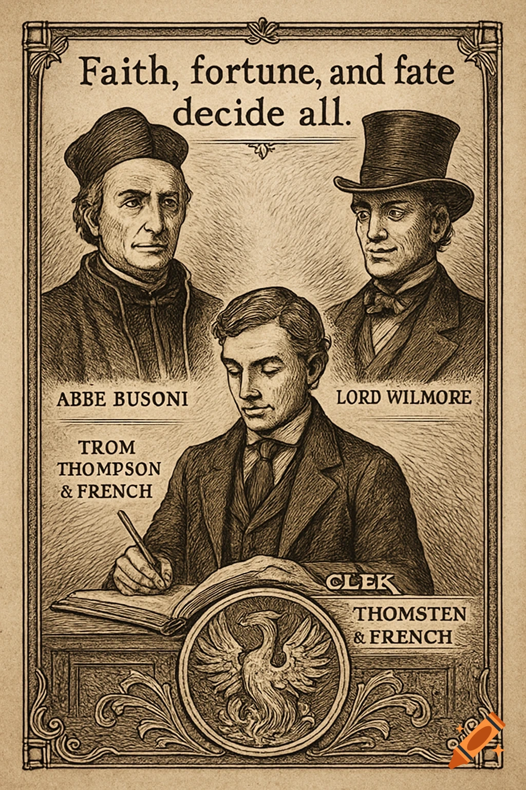 An antique-style engraving with three men: Abbé Busoni and Lord Wilmore at the top, and a clerk writing at a desk below, framed by a border and a phoenix emblem. A quote reads, "Faith, fortune, and fate decide all."