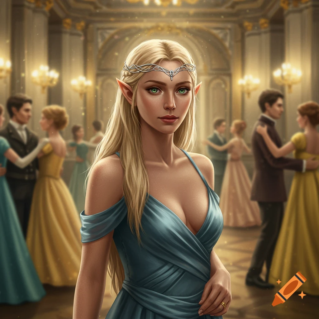 A blonde elf woman in a blue dress and silver headpiece looks forward in a grand ballroom with dancing couples.