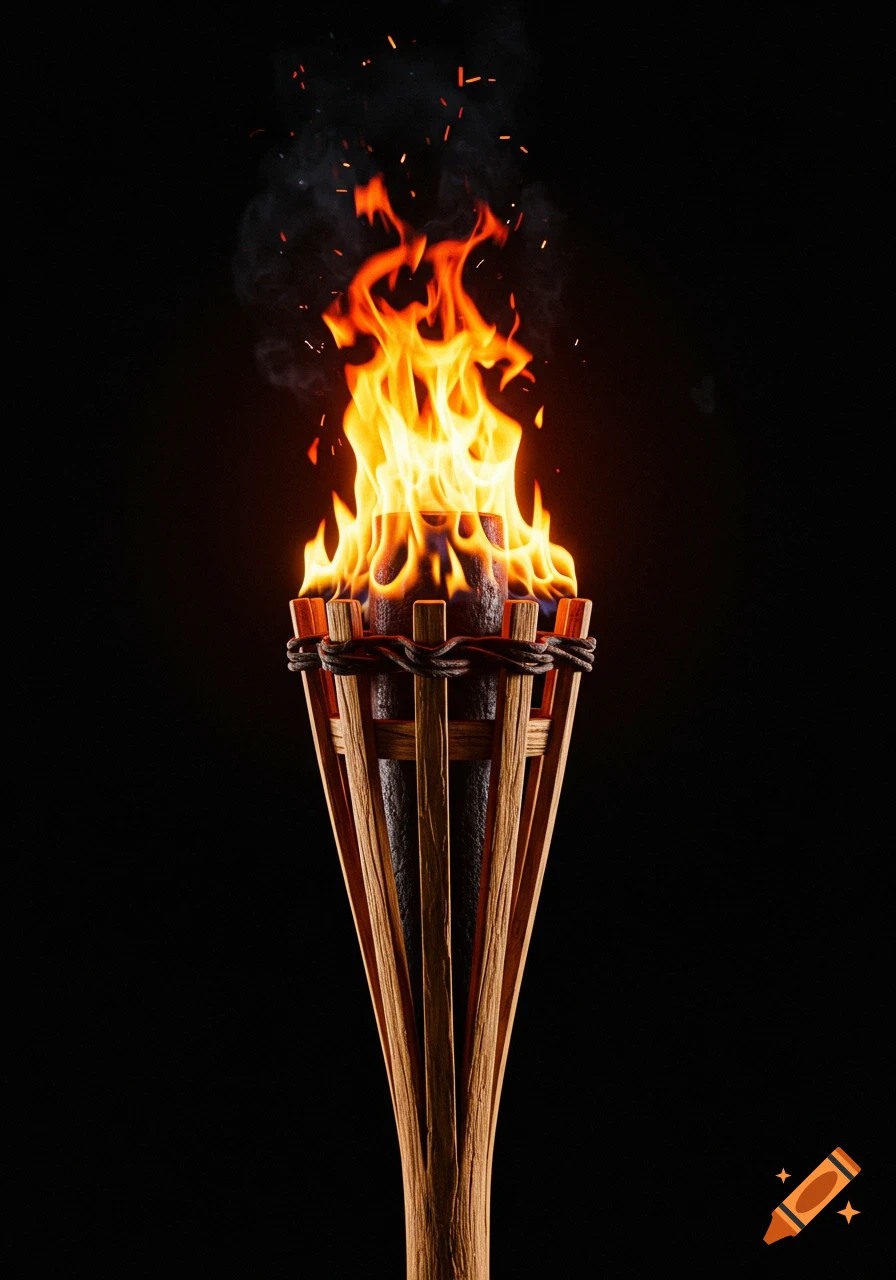A realistic Swedish stick torch with a large, bright flame and rising embers against a dark, featureless background.