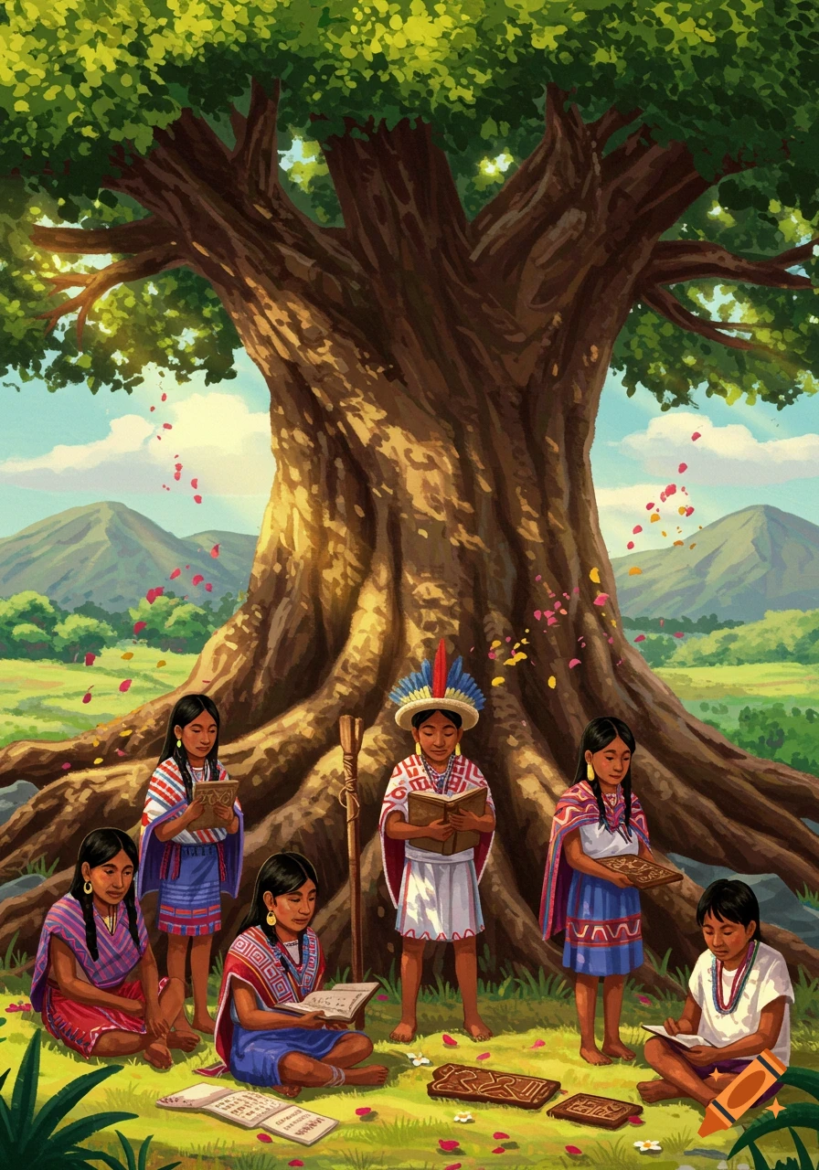 Illustrative painting of indigenous children reading books and slates under a large tree, with mountains in the background.