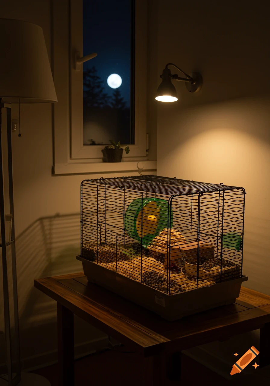 A hamster cage with a green wheel and bedding sits on a wooden table in a dimly lit room, with a full moon visible through the window.