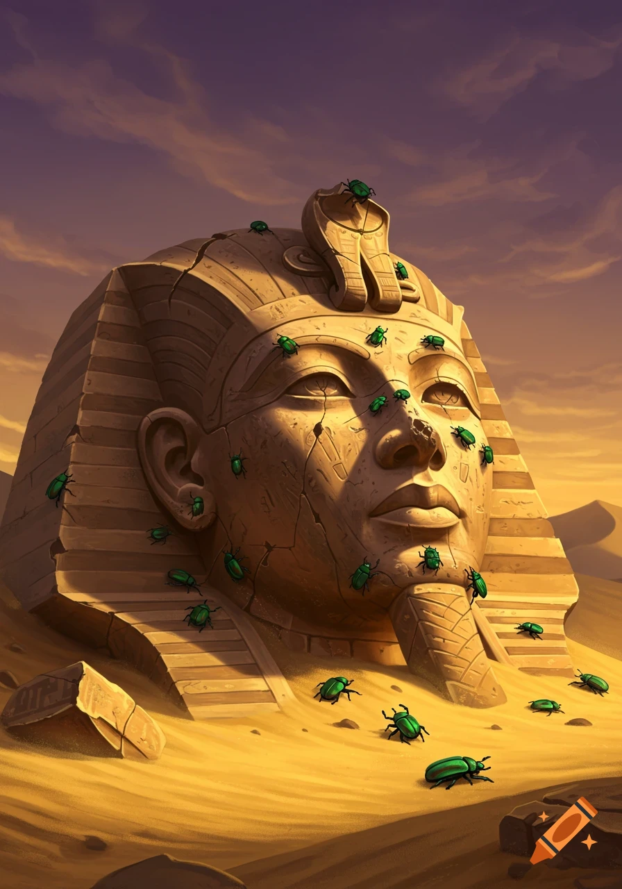Illustrative image of a broken pharaoh's head statue, partially buried in desert sand and covered in green scarab beetles, under a purple and orange sky.